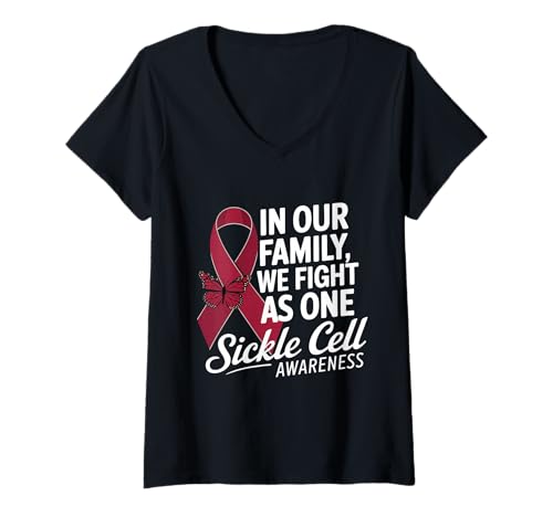 Damen Sichelzellen-Bewusstseinsband, Burgunderrot, We Fight As One T-Shirt mit V-Ausschnitt Damen Sichelzellen-Bewusstseinsband, Burgunderrot, We Fight As One T-Shirt mit V-Ausschnitt von Support Sickle Cell Awareness Month