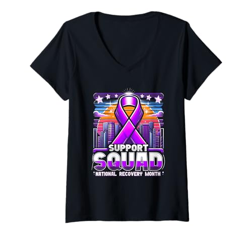 Damen Unterstützungsteam Nationaler Erholungsmonat Suchtgenesung T-Shirt mit V-Ausschnitt von Support-Squad National Recovery Month Addiction