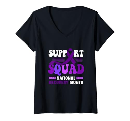 Damen Unterstützungsteam Nationaler Erholungsmonat Suchtgenesung T-Shirt mit V-Ausschnitt von Support-Squad National Recovery Month Addiction