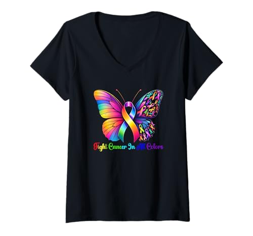 Damen Warrior Bekämpfe Krebs in Allen Farben, Ribbon Butterfly T-Shirt mit V-Ausschnitt Damen Warrior Bekämpfe Krebs in Allen Farben, Ribbon Butterfly T-Shirt mit V-Ausschnitt von Support The Warrior Breast Cancer Awareness Ribbon