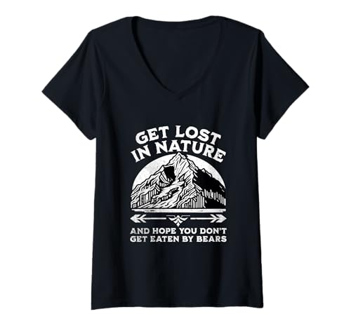 Damen Get Lost In Nature Lustiger Mountain Camping Adventure Hiker T-Shirt mit V-Ausschnitt von Support USA National Parks Conservation Apparel