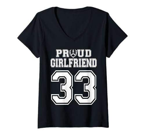 Damen Benutzerdefinierte stolze Fußballfreundin Nummer 33 personalisiert T-Shirt mit V-Ausschnitt von Support Your Favorite Football Player Number