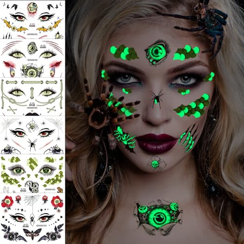 6 Blätter Halloween Tattoo Gesicht Leuchtend, Halloween Gesichtstattoo Aufkleber, Gruselig Mund Fledermaus Spinnen Wunden Tattoo Selbstklebend für Halloween Party Makeup Kostüm Accessoires von SupreLuck