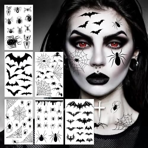 6 Blatt Gesichtstattoo Karneval, große Größe Spinnen Fledermaus Tattoo Gesicht, Erwachsene Kinder Halloween Fasching Tattoo Hexen Zubehör für Karnevalsschminke Halloween Masquerade von SupreLuck