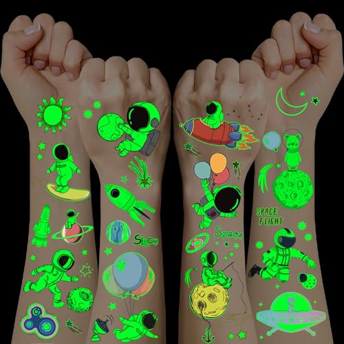Weltraum Kinder Tattoo, 12 Blätter Leucht Tattoos Adventskalender Füllung Kinder, Kindertattoos Hautfreundlich für Weltraum Mitgebsel Kindergeburtstag Kleine Weihnachtsgeschenke für Adventskalender von SupreLuck