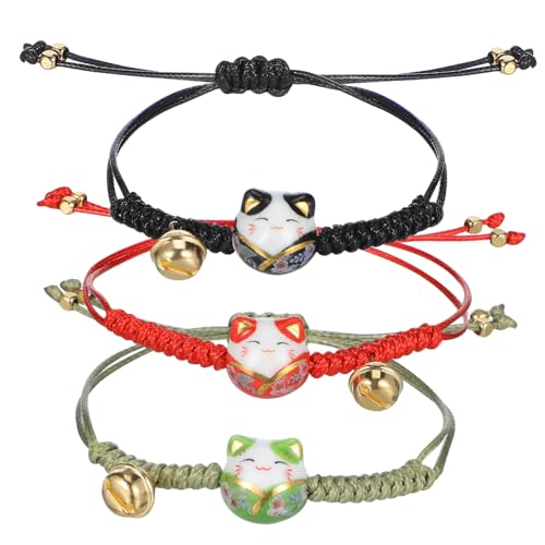 Supvox 3stücke Teiliges Katzenarmband Maneki Neko Süßes Glücksarmband Japanische Glücksarmband-handschnur Mit Glöckchen Asiatischer Schmuck Verstellbares Seil Als von Supvox