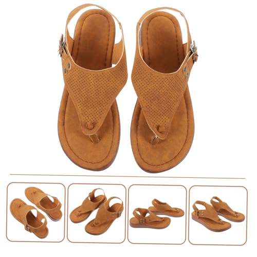 Supvox Flache Damen Sandalen Sommer Strand Sandalen mit Chunky Absatz PU und Gummi Atmungsaktive Modische Zehentrenner Sandals für Alltag Urlaub Erholung Hellbraun von Supvox