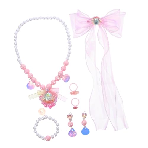 Supvox Schmuckset Mädchen Meerjungfrau Schmuckset mit Perlen Muschel Halskette Armband Ring Ohrringe und Schleifen Haarclips Hautfreundlich Leicht für Rollenspiele und Geburtstagsfeiern von Supvox