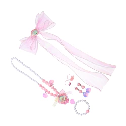 Supvox Schmuckset Meerjungfrau-design mit Muschel-halskette Perlenarmband Schleifen-haarclips Ohrclips und Ring Buntes Prinzessin-accessoires-set für Mädchen Geburtstag und Rollenspiel von Supvox