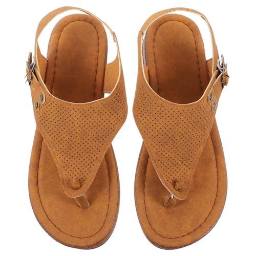 Supvox Sommer Sandalen Damen Flach Zehentrenner Sandaletten mit Elastischer Sohle Atmungsaktiv Komfortabel für Strand und Alltag Hellbraun von Supvox