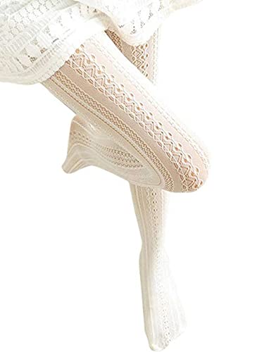 SurBepo Damen Netzs aushöhlen Chiffon Spitze Strümpfe Strumpfhosen vertikale Streifen Strumpfhose Einheitsgröße Weiß von SurBepo