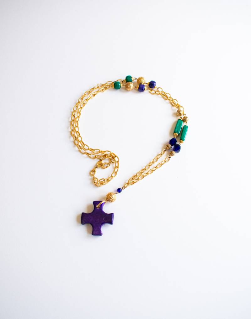 Vintage Diane Von Furstenberg Gold Oversized Halskette Mit Juwel Ton Perlen & Kreuz Anhänger von SurLhistoire