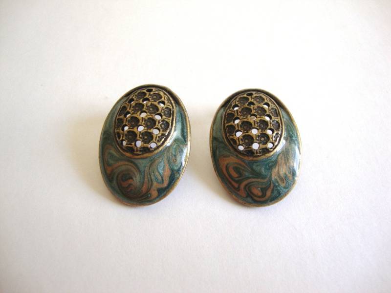 Vintage Emaille Ohrringe Modernist Oval/Gitter Bronze Türkis von SurLhistoire