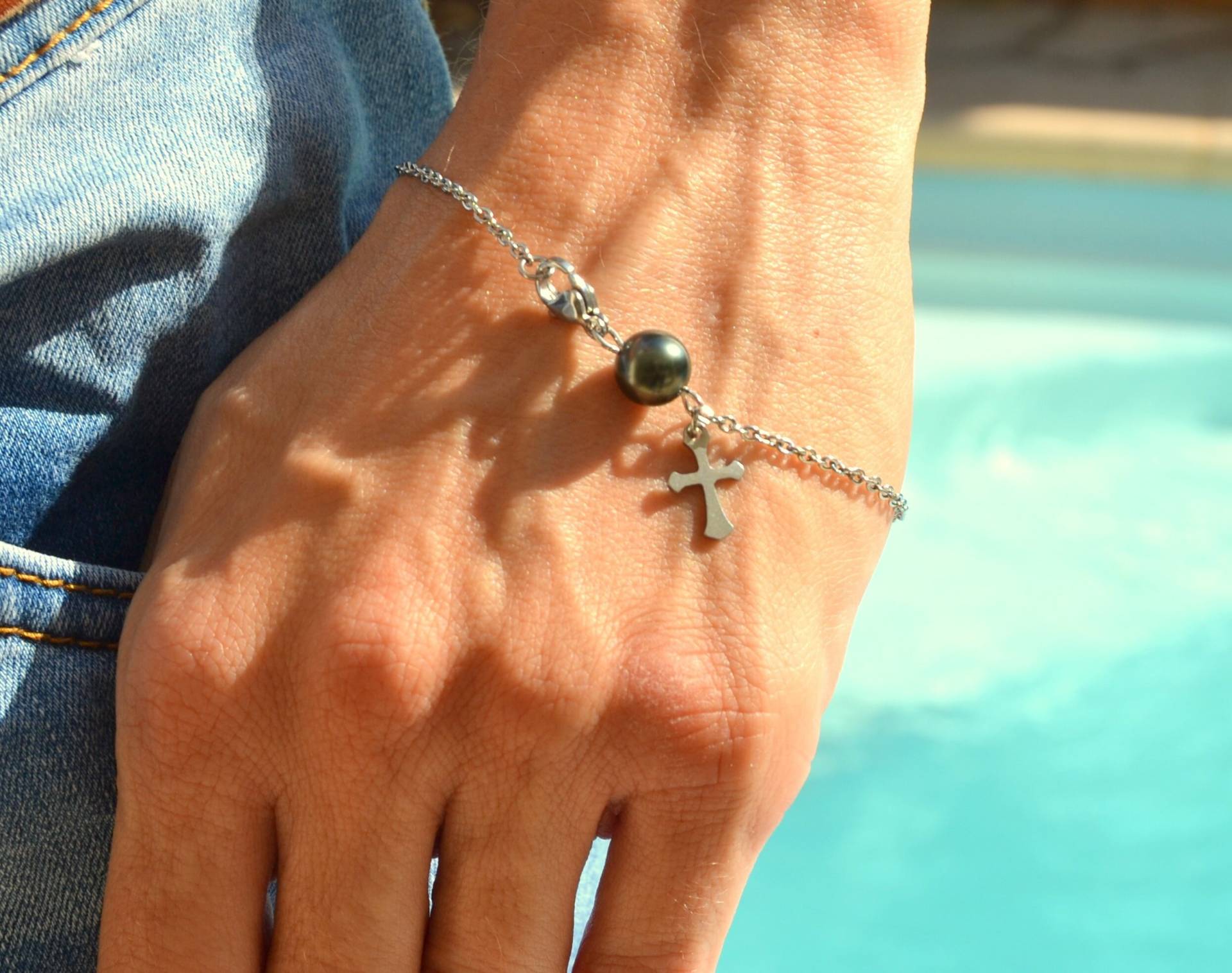 Armband, Tahiti-Perle, Christliches Kreuz, Kette, Edelstahl, Silbermetall Armband, Tahiti-Perle, Christliches Kreuz, Kette, Edelstahl, Silbermetall von SurMonIleCreations