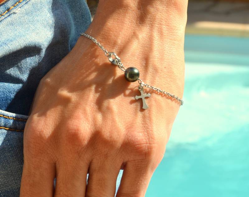 Armband, Tahiti-Perle, Christliches Kreuz, Kette, Edelstahl, Silbermetall von SurMonIleCreations