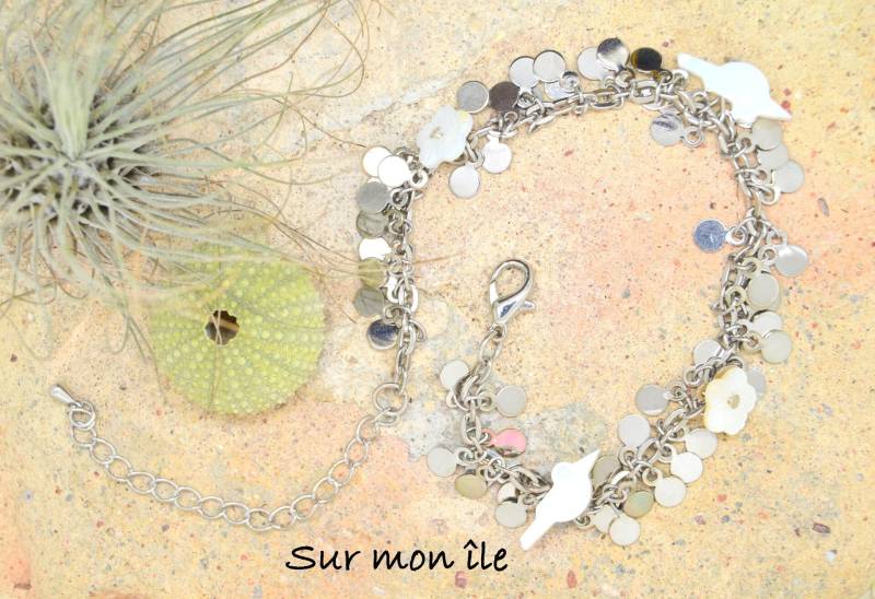Knöchelkette, Aus Silbernem Metall, Vogel, Blume, Weißer Perlmutt Knöchelkette, Aus Silbernem Metall, Vogel, Blume, Weißer Perlmutt von SurMonIleCreations