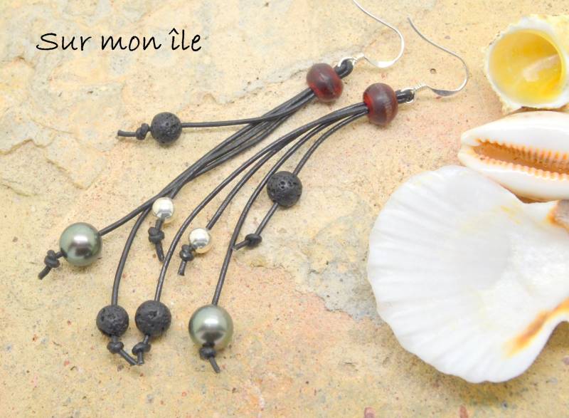 Ohrringe, Tahiti Perlen, Lava Stein, Horn, Metall Silber 925 Ohrringe, Tahiti Perlen, Lava Stein, Horn, Metall Silber 925 von SurMonIleCreations