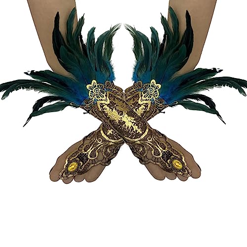 1 Paar Vintage Feder Handschuhe,Gothic Feder Manschetten Armbänder,Damen Feder Spitze Fingerlose Lange Handschuhe 20er Jahre mit Federn Spitzenhandschuhe für Hochzeit Party Halloween Maleficent Kostüm von Surakey