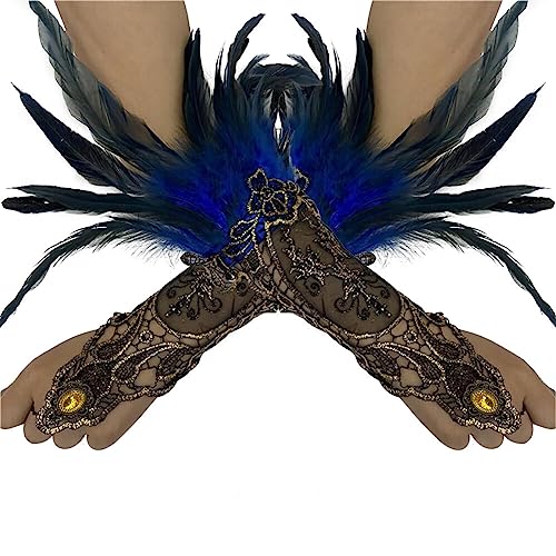 1 Paar Vintage Feder Handschuhe,Gothic Feder Manschetten Armbänder,Damen Feder Spitze Fingerlose Lange Handschuhe 20er Jahre mit Federn Spitzenhandschuhe für Hochzeit Party Halloween Maleficent Kostüm von Surakey
