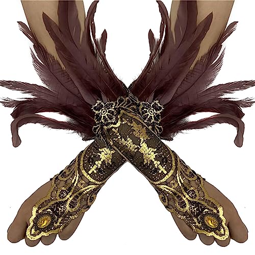 1 Paar Vintage Feder Handschuhe,Gothic Feder Manschetten Armbänder,Damen Feder Spitze Fingerlose Lange Handschuhe 20er Jahre mit Federn Spitzenhandschuhe für Hochzeit Party Halloween Maleficent Kostüm von Surakey