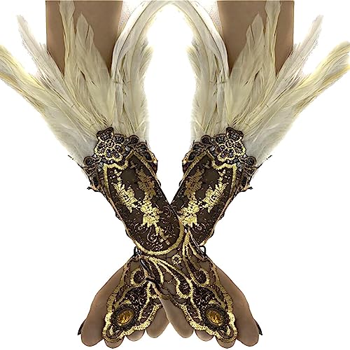 1 Paar Vintage Feder Handschuhe,Gothic Feder Manschetten Armbänder,Damen Feder Spitze Fingerlose Lange Handschuhe 20er Jahre mit Federn Spitzenhandschuhe für Hochzeit Party Halloween Maleficent Kostüm von Surakey