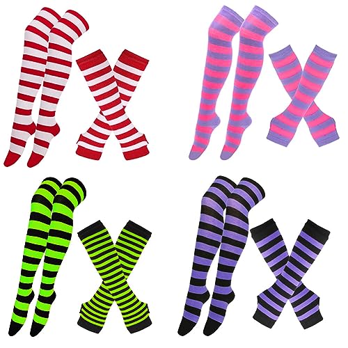 4 Paar Gestreifte Kniestrümpfe Overknee Strümpfe mit Armstulpen Damen Lange Streifen Arm Wärmer Bein Strumpf Hohe Socken Fingerlose Handschuhe Hülsen-Set High knee Sock für Frauen Mädchen Party Kostüm 4 Paar Gestreifte Kniestrümpfe Overknee Strümpfe mit Armstulpen Damen Lange Streifen Arm Wärmer Bein Strumpf Hohe Socken Fingerlose Handschuhe Hülsen-Set High knee Sock für Frauen Mädchen Party Kostüm von Surakey