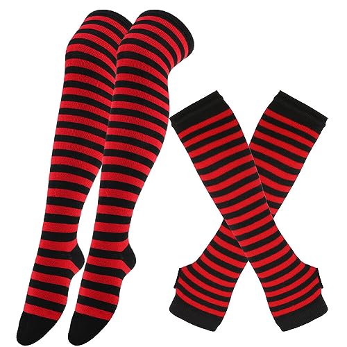 Gestreifte Kniestrümpfe Overknee Strümpfe mit Armstulpen Damen Lange Streifen Arm Wärmer Bein Strumpf Hohe Socken Fingerlose Handschuhe Hülsen-Set High knee Socks für Frauen Mädchen Party Kostüm von Surakey