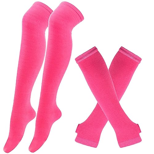 Gestreifte Kniestrümpfe Overknee Strümpfe mit Armstulpen Damen Lange Streifen Arm Wärmer Bein Strumpf Hohe Socken Fingerlose Handschuhe Hülsen-Set High knee Socks für Frauen Mädchen Party Kostüm von Surakey