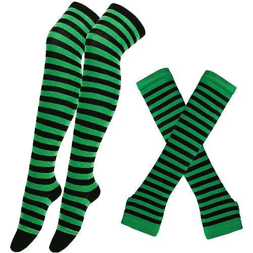 Gestreifte Kniestrümpfe Overknee Strümpfe mit Armstulpen Damen Lange Streifen Arm Wärmer Bein Strumpf Hohe Socken Fingerlose Handschuhe Hülsen-Set High knee Socks für Frauen Mädchen Party Kostüm von Surakey