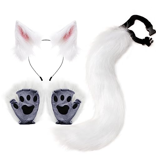 Halloween Kostüme Katzenohren katzenschwanz Cosplay Set Katzenohren Schwanz und Pfoten Handschuhe Set Kunstfell Fuchsohren Haarreif mit Ohren Schwanz Halloween Fasching Karneval Masquerade Cosplay von Surakey