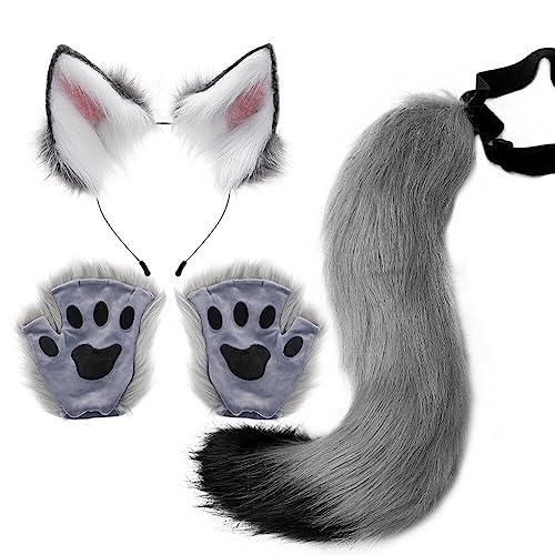 Halloween Kostüme Katzenohren katzenschwanz Cosplay Set Katzenohren Schwanz und Pfoten Handschuhe Set Kunstfell Fuchsohren Haarreif mit Ohren Schwanz Halloween Fasching Karneval Masquerade Cosplay von Surakey