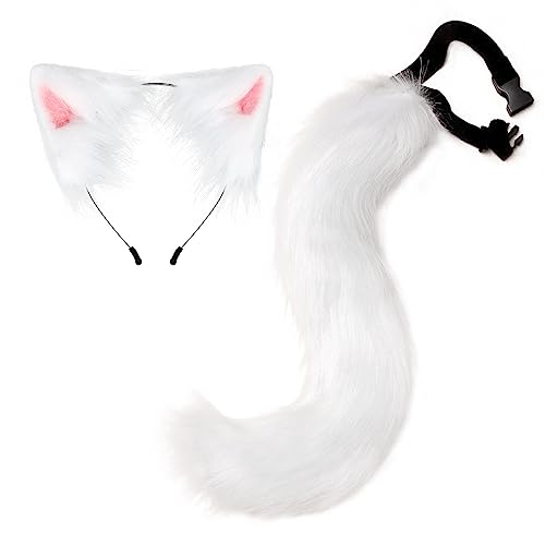 Halloween Kostüme Plüsch Katzenohren katzenschwanz Cosplay Set Katzenohren und Schwanz Set aus Kunstfell Fuchsohren Haarreif mit Ohren und Schwanz Halloween Fasching Karneval Masquerade Cosplay,Weiss von Surakey