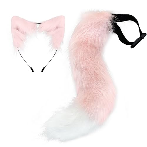 Halloween Kostüme Plüsch Katzenohren katzenschwanz Cosplay Set Katzenohren und Schwanz Set aus Kunstfell Fuchsohren Haarreif mit Ohren und Schwanz Halloween Fasching Karneval Masquerade Cosplay,Rosa von Surakey