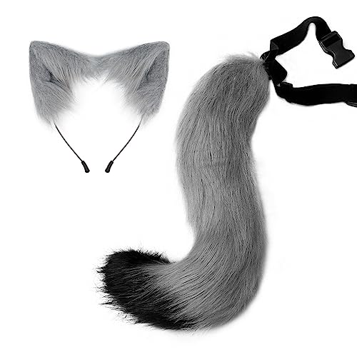 Halloween Kostüme Plüsch Katzenohren katzenschwanz Cosplay Set Katzenohren und Schwanz Set aus Kunstfell Fuchsohren Haarreif mit Ohren und Schwanz Halloween Fasching Karneval Masquerade Cosplay,grau von Surakey