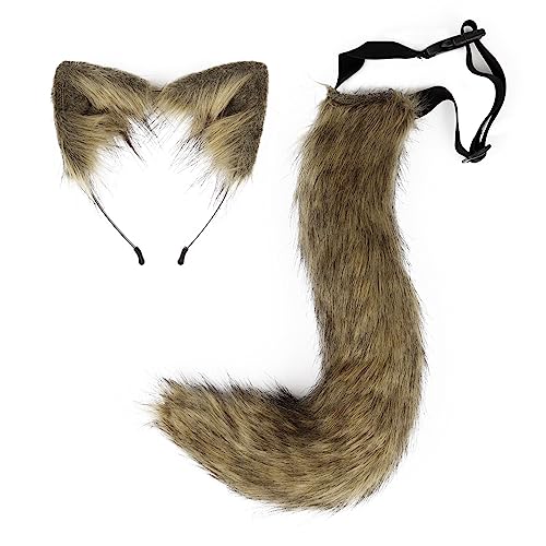 Halloween Kostüme Plüsch Katzenohren katzenschwanz Cosplay Set Kunstfell Katzenohren und Schwanz Fuchsohren Haarreif mit Ohren und Schwanz Halloween Fasching Karneval Masquerade Cosplay,Grasgelb von Surakey