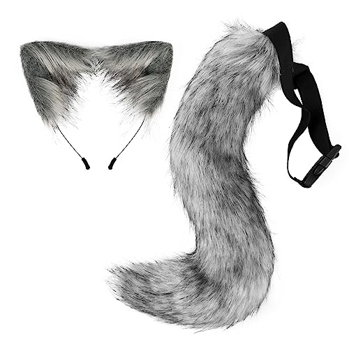 Halloween Kostüme Plüsch Katzenohren katzenschwanz Cosplay Set Kunstfell Katzenohren und Schwanz Fuchsohren Haarreif mit Ohren und Schwanz Halloween Fasching Karneval Masquerade Cosplay,dunkelgrau von Surakey