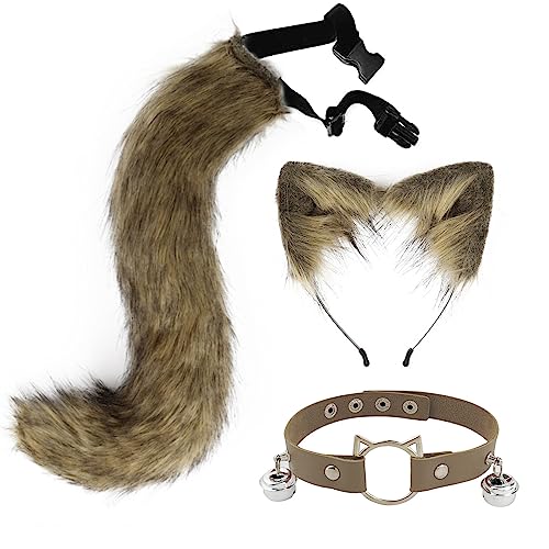 Katze Cosplay Kostüm Set, Langer Fuchsschwanz und Katzenohren Haarreif Set Cosplay Plüsch Kunstpelz Tai mit Glöckchen Halskette für Frauen Mädchen Halloween Party Kostüm Karneval Kostüm,Braun von Surakey