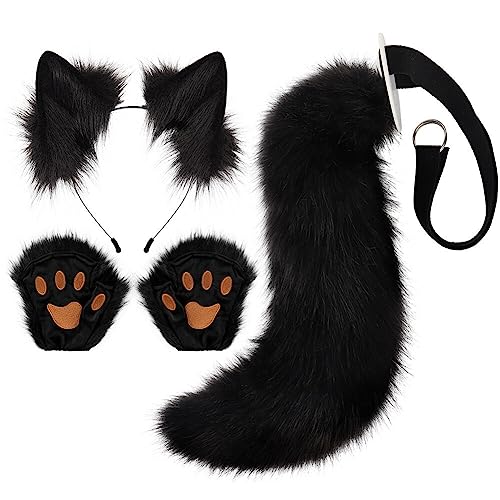 Katze Cosplay Kostüm Set Katzenohren Stirnband Kätzchen Schwanz Ohren Kragen Pfoten Handschuhe Fuchs Wolf Kostüm Katze Haarreif Halloween Weihnachten Kostüm Party Dekoration für Kinder Frauen Mädchen von Surakey
