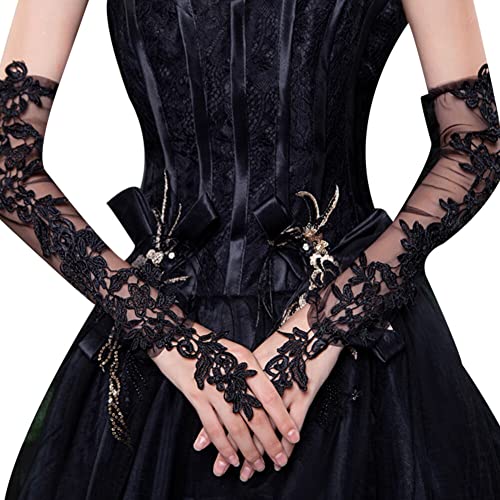 Surakey Damen Spitze Handschuhe Lang Hochzeit Brauthandschuh mit Schleife Sommer UV Schutz Fingerlose Elegant Spitze Blume Hochzeitskleid Handschuhe Netzhandschuhe Fasching Party Kostüm Accessoires von Surakey