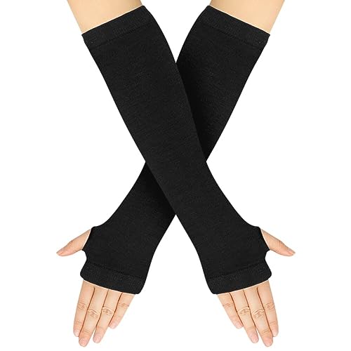 Surakey Frauen Lange Fingerlose Handschuhe mit Fingerlöchern Gestreifte Armwärmer Daumenloch Dehnbare Handschuhe warme Armstulpen Winterhandschuhe für Büro, Tippen und Computer von Surakey