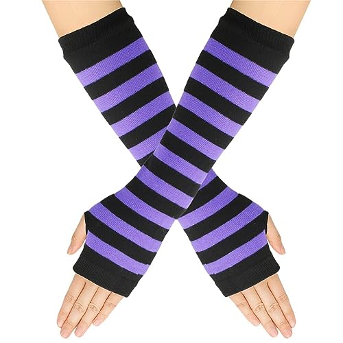 Surakey Frauen Lange Fingerlose Handschuhe mit Fingerlöchern Gestreifte Armwärmer Daumenloch Dehnbare Handschuhe warme Armstulpen Winterhandschuhe für Büro, Tippen und Computer von Surakey
