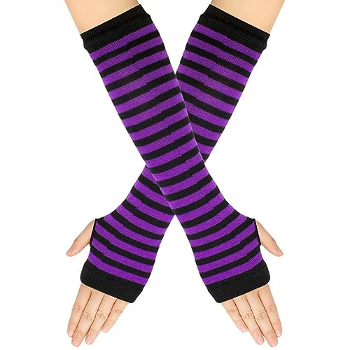 Surakey Frauen Lange Fingerlose Handschuhe mit Fingerlöchern Gestreifte Armwärmer Daumenloch Dehnbare Handschuhe warme Armstulpen Winterhandschuhe für Büro, Tippen und Computer von Surakey