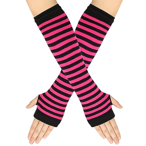 Surakey Frauen Lange Fingerlose Handschuhe mit Fingerlöchern Gestreifte Armwärmer Daumenloch Dehnbare Handschuhe warme Armstulpen Winterhandschuhe für Büro, Tippen und Computer von Surakey