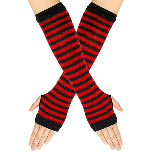 Surakey Frauen Lange Fingerlose Handschuhe mit Fingerlöchern Gestreifte Armwärmer Daumenloch Dehnbare Handschuhe warme Armstulpen Winterhandschuhe für Büro, Tippen und Computer von Surakey