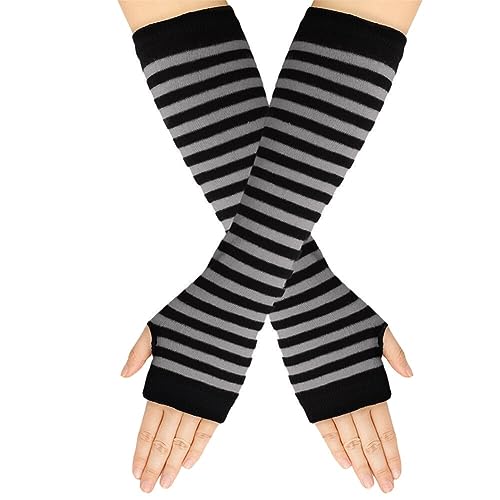 Surakey Frauen Lange Fingerlose Handschuhe mit Fingerlöchern Gestreifte Armwärmer Daumenloch Dehnbare Handschuhe warme Armstulpen Winterhandschuhe für Büro, Tippen und Computer von Surakey