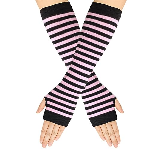 Surakey Frauen Lange Fingerlose Handschuhe mit Fingerlöchern Gestreifte Armwärmer Daumenloch Dehnbare Handschuhe warme Armstulpen Winterhandschuhe für Büro, Tippen und Computer von Surakey