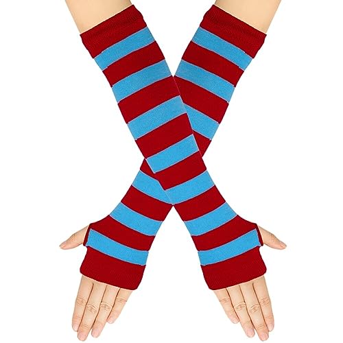 Surakey Frauen Lange Fingerlose Handschuhe mit Fingerlöchern Gestreifte Armwärmer Daumenloch Dehnbare Handschuhe warme Armstulpen Winterhandschuhe für Büro, Tippen und Computer von Surakey