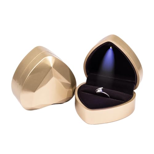 Surakey LED Ring Box Herzform Ring Box Ringschachtel mit LED-Licht Ehering Box Schmuckschatullen Ringetui Schmuck Geschenkbox für Hochzeit Verlobungsring Valentinstag (Gold) von Surakey