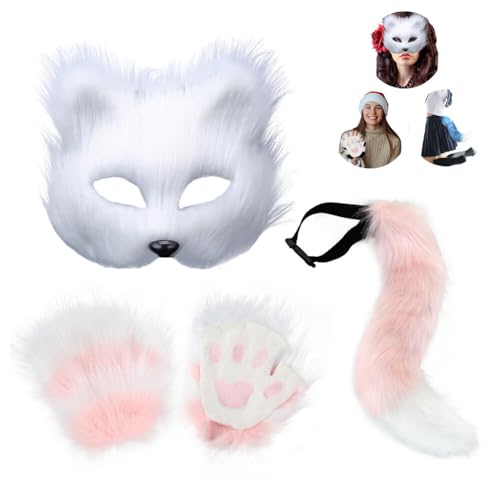 Surakey Pelzige Katze Fuchs Maske Wolf Schwanz und Pfoten Handschuhe Set Kunstfell Tier Ohren Schwanz Pfote Handschuh Set, Karneval Halloween Party Cosplay Kostüm Zubehör Set für Kinder Erwachsene von Surakey