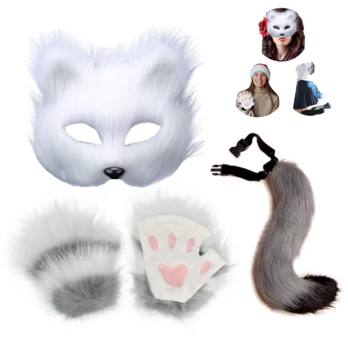 Surakey Pelzige Katze Fuchs Maske Wolf Schwanz und Pfoten Handschuhe Set Kunstfell Tier Ohren Schwanz Pfote Handschuh Set, Karneval Halloween Party Cosplay Kostüm Zubehör Set für Kinder Erwachsene von Surakey